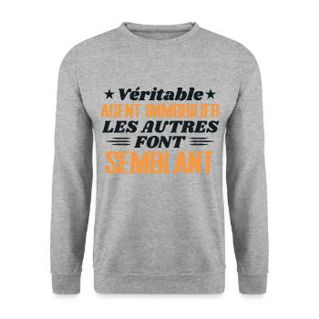 Véritable Agent Immobilier Cadeau Humour - Sweat-shirt Unisexe - gris chiné - Devant - Alina (178cm) & Michal (187cm)