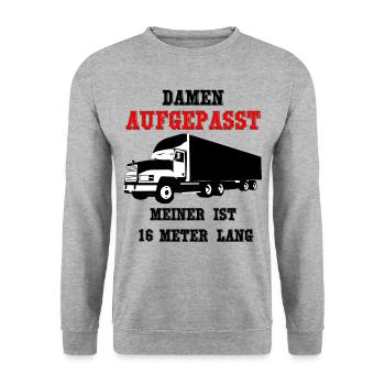 Damen, aufgepasst! Meiner ist 16 Meter lang! - Unisex Pullover - Weißgrau meliert - Vorne - Alina (178cm) & Michal (187cm)