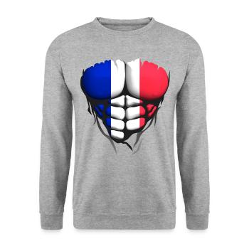 francais drapeau torse corps muscle abdo - Sweat-shirt Unisexe - gris chiné - Devant - Alina (178cm) & Michal (187cm)