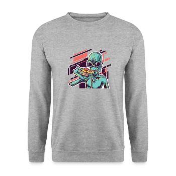 Alien eats pizza - Unisex Sweatshirt - salt & pepper - Front - Alina (178cm) & Michal (187cm)