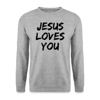 Jésus vous aime - Paroles chrétiennes - Sweat-shirt Unisexe - gris chiné - Devant - Alina (178cm) & Michal (187cm)