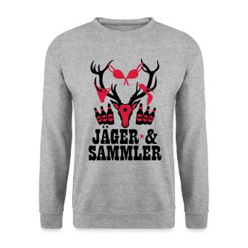 66 Hirsch Jäger und Sammler Bier Party Sex Spaß - Unisex Pullover - Weißgrau meliert - Vorne - Alina (178cm) & Michal (187cm)