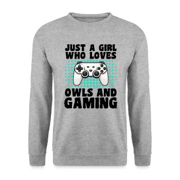 Gamer et Hiboux : Jeux Vidéo et Sagesse Nocturne - Sweat-shirt Unisexe - gris chiné - Devant - Alina (178cm) & Michal (187cm)