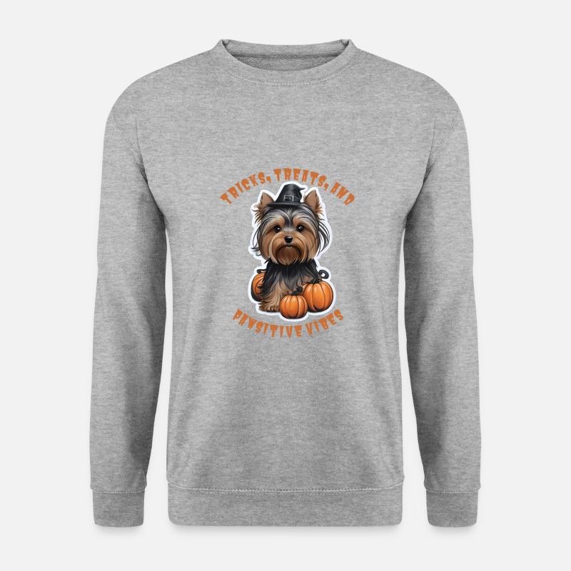 Halloween-Zauber: Yorkie im Hexenhut - Unisex Pullover - Weißgrau meliert