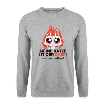 Meine Katze ist der Chef Spruch Katzenliebhaber - Unisex Pullover - Weißgrau meliert - Vorne - Alina (178cm) & Michal (187cm)