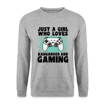 Gamer & Kangaroos: Videospiele & epische Sprünge - Unisex Pullover - Weißgrau meliert - Vorne - Alina (178cm) & Michal (187cm)