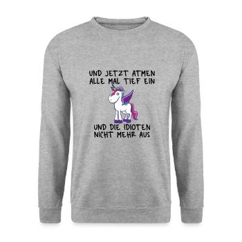 Einatmen Ausatmen Idioten Einhorn - Unisex Pullover - Weißgrau meliert - Vorne - Alina (178cm) & Michal (187cm)