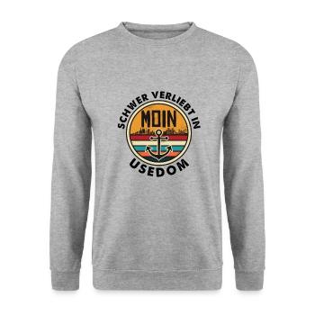 Schwer verliebt - Usedom Ostsee - Leuchtturm Anker - Unisex Pullover - Weißgrau meliert - Vorne - Alina (178cm) & Michal (187cm)