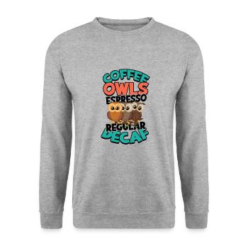 Coffee Owls Espresso Décaféiné régulier - Café décaféiné - Sweat-shirt Unisexe - gris chiné - Devant - Alina (178cm) & Michal (187cm)