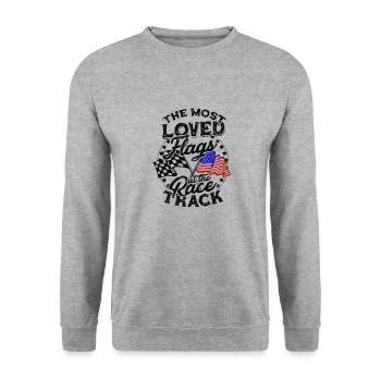 Die beliebtesten Flaggen an der Rennstrecke - Schmutz - Unisex Pullover - Weißgrau meliert - Vorne - Alina (178cm) & Michal (187cm)