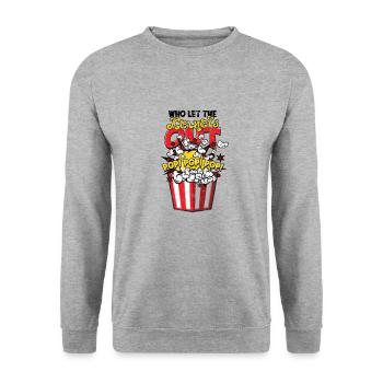 Who Let The Kernels Out Pop Pop Pop Pop - humorvoll - Unisex Pullover - Weißgrau meliert - Vorne - Alina (178cm) & Michal (187cm)