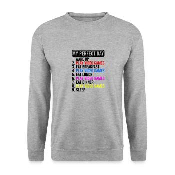 MEIN PERFECDT TAG 1. AUFWACHEN 2. VIDEOSPIELE SPIELEN - Unisex Pullover - Weißgrau meliert - Vorne - Alina (178cm) & Michal (187cm)