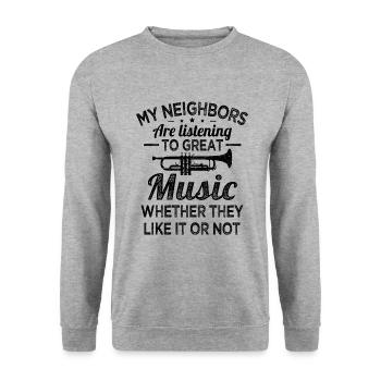 Les voisins de la trompette écoutent de la bonne musique Les trompettistes - Sweat-shirt Unisexe - gris chiné - Devant - Alina (178cm) & Michal (187cm)
