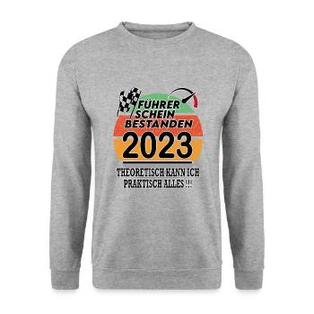 Lkw Motorrad Auto Führerschein bestanden 2023 - Unisex Pullover - Weißgrau meliert - Vorne - Alina (178cm) & Michal (187cm)