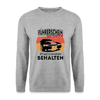 Auto Führerschein bestanden behalten - Unisex Pullover - Weißgrau meliert - Vorne - Alina (178cm) & Michal (187cm)