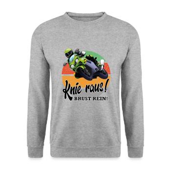 Motorradfahrer Sprüche Knie rein Brust raus - Unisex Pullover - Weißgrau meliert - Vorne - Alina (178cm) & Michal (187cm)