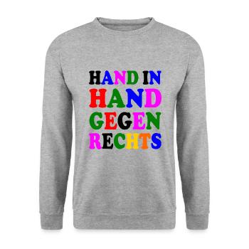 Hand in hand gegen rechts - Unisex Pullover - Weißgrau meliert - Vorne - Alina (178cm) & Michal (187cm)