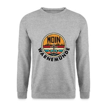 MOIN - Warnemünde Ostsee mit Leuchtturm - Unisex Pullover - Weißgrau meliert - Vorne - Alina (178cm) & Michal (187cm)