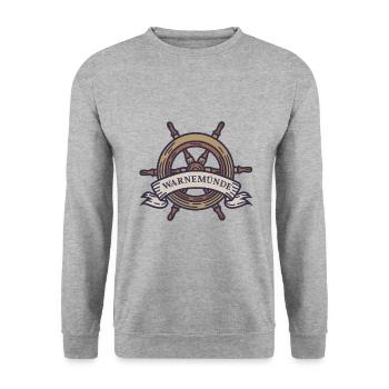 Steuerrad Warnemünde Ostsee mit Leuchtturm - Unisex Pullover - Weißgrau meliert - Vorne - Alina (178cm) & Michal (187cm)