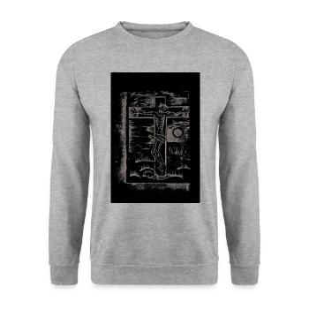 Expressionist_Crucifixion_Woodcut_Art - Unisex Pullover - Weißgrau meliert - Vorne - Alina (178cm) & Michal (187cm)