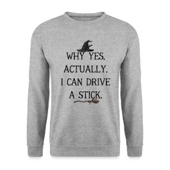 Lustige Fahrt Ein Stab Hexenhut-Besen-Grafik - Unisex Pullover - Weißgrau meliert - Vorne - Alina (178cm) & Michal (187cm)