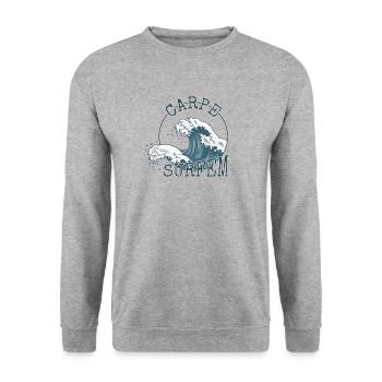 Carpe Surfem! Nutze die Welle! Carpe Diem Surfer - Unisex Pullover - Weißgrau meliert - Vorne - Alina (178cm) & Michal (187cm)