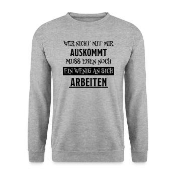Auskommt Arbeiten Lustiger Spruch Frech Geschenk - Unisex Pullover - Weißgrau meliert - Vorne - Alina (178cm) & Michal (187cm)