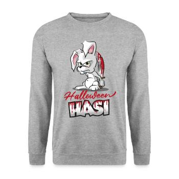 Lustiges Halloween Hasi Hase Kaninchen mit Messer - Unisex Pullover - Weißgrau meliert - Vorne - Alina (178cm) & Michal (187cm)