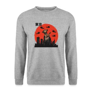 Dackelzilla Dackel in Tokyo - Unisex Pullover - Weißgrau meliert - Vorne - Alina (178cm) & Michal (187cm)