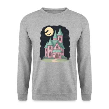 Pastell Spukhaus mit Fledermäusen Halloween - Unisex Pullover - Weißgrau meliert - Vorne - Alina (178cm) & Michal (187cm)