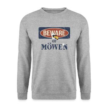 Beware Of Möwen Warnung mit Möwe und Vogelschiss - Unisex Pullover - Weißgrau meliert - Vorne - Alina (178cm) & Michal (187cm)