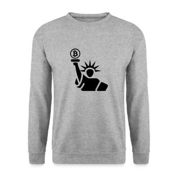 Bitcoin Freiheitsstatue - Unisex Pullover - Weißgrau meliert - Vorne - Alina (178cm) & Michal (187cm)
