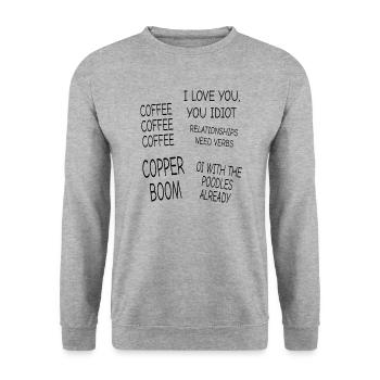 Coffee Coffee Coffee, Cooper Boom, Sticker Pack - Unisex Pullover - Weißgrau meliert - Vorne - Alina (178cm) & Michal (187cm)