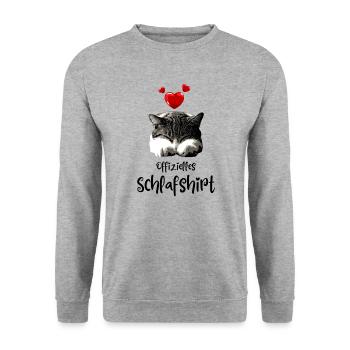 Offizielles Schlafshirt mit Katze Herz Katzenmotiv - Unisex Pullover - Weißgrau meliert - Vorne - Alina (178cm) & Michal (187cm)