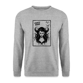 Party Hard Comic Spruch Lustig Humor Outfit - Unisex Pullover - Weißgrau meliert - Vorne - Alina (178cm) & Michal (187cm)