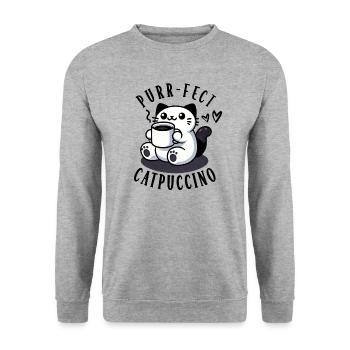 Purrfectly Catpuccino Niedliche Katze mit Kaffee - Unisex Pullover - Weißgrau meliert - Vorne - Alina (178cm) & Michal (187cm)