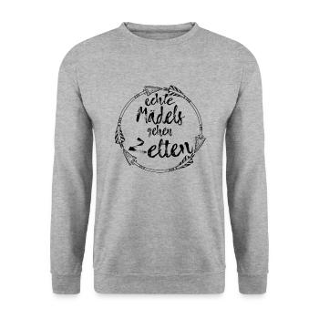 MÄDELS ZELTEN ZELTLAGER CAMPING SPRÜCHE GESCHENK - Unisex Pullover - Weißgrau meliert - Vorne - Alina (178cm) & Michal (187cm)