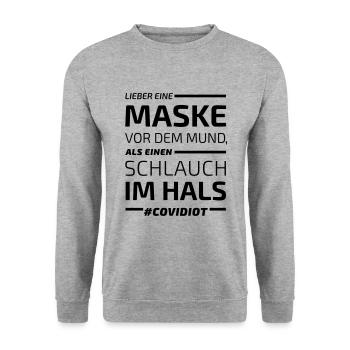Lieber Maske vor Mund als Schlauch Hals #Covidiot - Unisex Pullover - Weißgrau meliert - Vorne - Alina (178cm) & Michal (187cm)