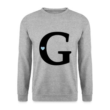 Buchstabe G Anfangsbuchstabe - Unisex Pullover - Weißgrau meliert - Vorne - Alina (178cm) & Michal (187cm)