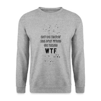 Textkunst EVEN THE CALENDAR SAYS WTF - Unisex Pullover - Weißgrau meliert - Vorne - Alina (178cm) & Michal (187cm)