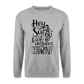 Hey Süße, du hast so ein geiles HIRN! - Unisex Pullover - Weißgrau meliert - Vorne - Alina (178cm) & Michal (187cm)