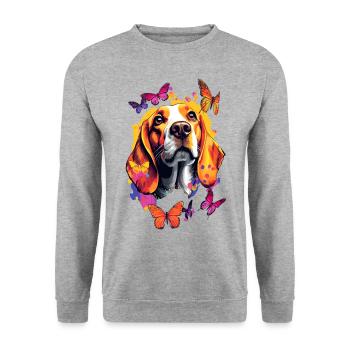 Farbenfroher Beagle mit Schmetterlingen - Unisex Pullover - Weißgrau meliert - Vorne - Alina (178cm) & Michal (187cm)