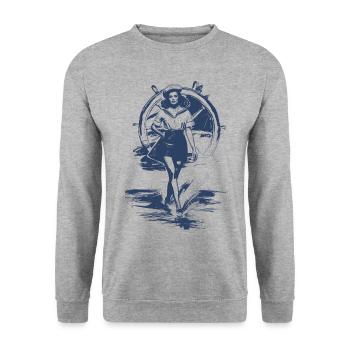 50s Pin-up Girl in Sailor Uniform for Sailor - Unisex Sweatshirt - salt & pepper - Front - Alina (178cm) & Michal (187cm)