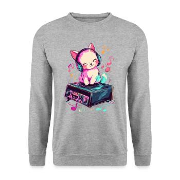 Cute cat with headphones listening to music - Unisex Sweatshirt - salt & pepper - Front - Alina (178cm) & Michal (187cm)