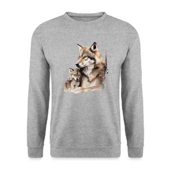 Wölfin mit Kind - Aquarellmalerei - Unisex Pullover - Weißgrau meliert - Vorne - Alina (178cm) & Michal (187cm)