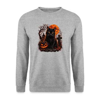 Schwarze Katze in Halloween-Szenerie - Unisex Pullover - Weißgrau meliert - Vorne - Alina (178cm) & Michal (187cm)