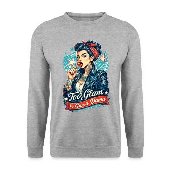 Rockabilly Pin-Up Girl: Too Glam to Damn - Unisex Pullover - Weißgrau meliert - Vorne - Alina (178cm) & Michal (187cm)