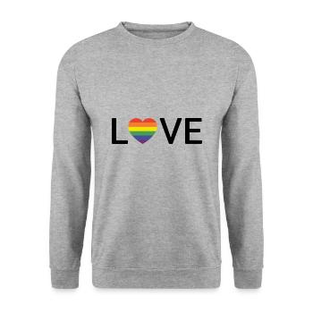 LOVE | Rainbow LGBTQIA Pride | schwarze Schrift - Unisex Pullover - Weißgrau meliert - Vorne - Alina (178cm) & Michal (187cm)