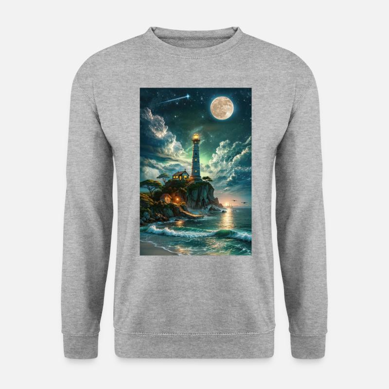 Der Leuchtturm im Mondlicht - Unisex Pullover - Weißgrau meliert