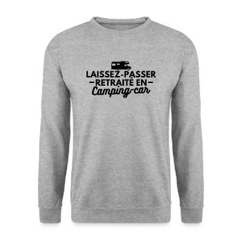 Laissez-passer retraité en camping-car - Sweat-shirt Unisexe - gris chiné - Devant - Alina (178cm) & Michal (187cm)